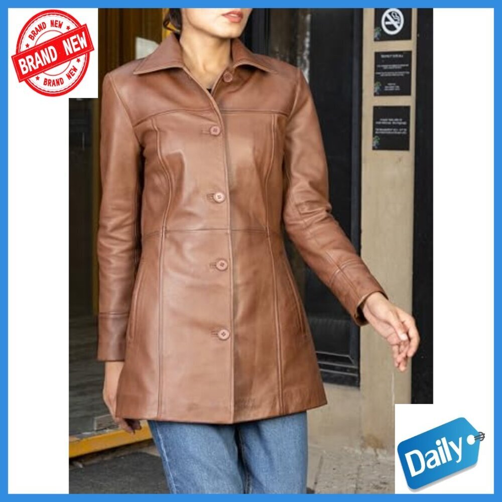 Genuine Leather Peacoat Blazer Jacket Women's 3/4 Length Classic Fit - Picture 2 of 7